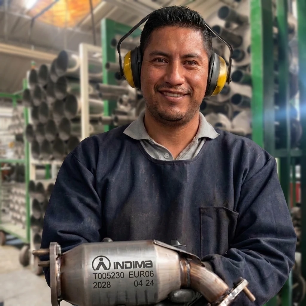 Técnico INDIMA sosteniendo un catalizador Euro 6